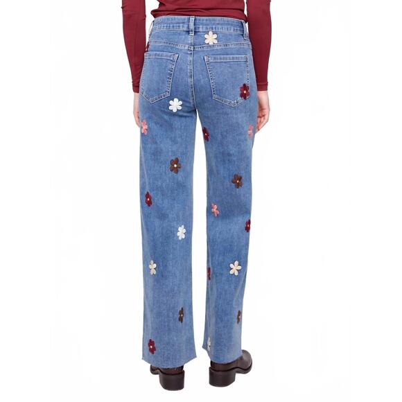 NEW CHARLIE B flower patch stretch wide leg pants in medium blue - Picture 3 of 4